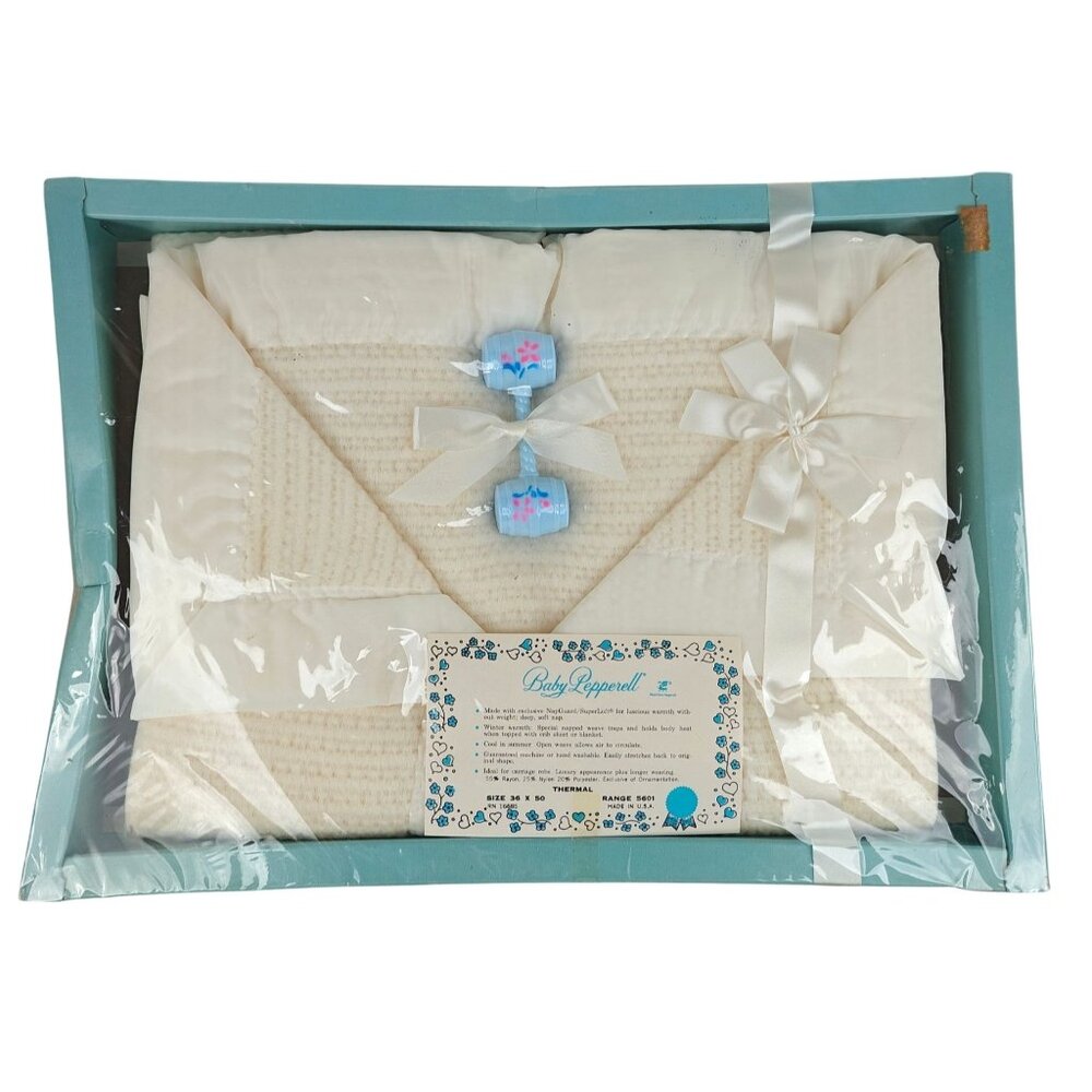 Vintage Baby Pepperell Thermal Blanket Cream Woven Soft Newborn Gift With Rattle